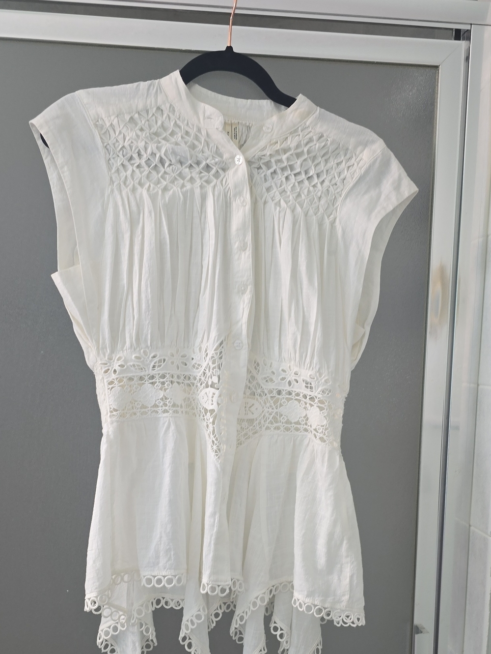 Anthropologie White Crochet & Pintuck Button-Front Top